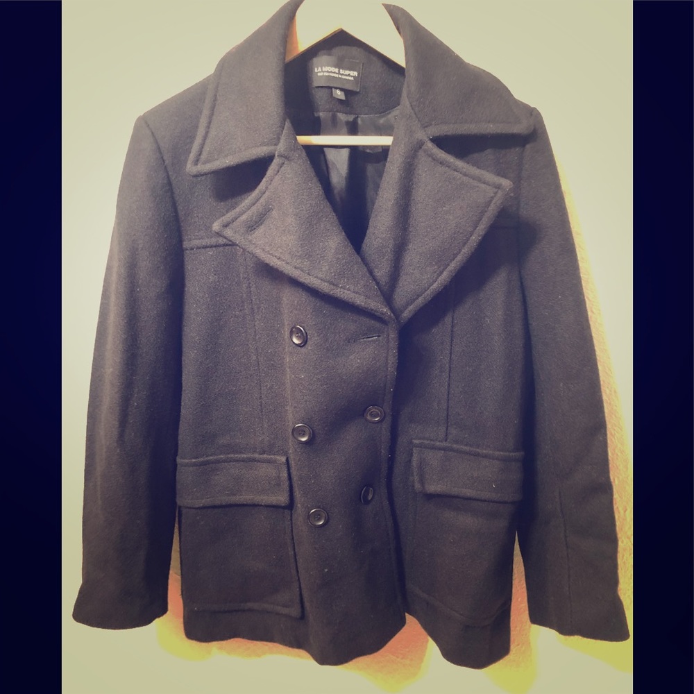 LA MODE Super Black Pea Coat Jacket Size 6